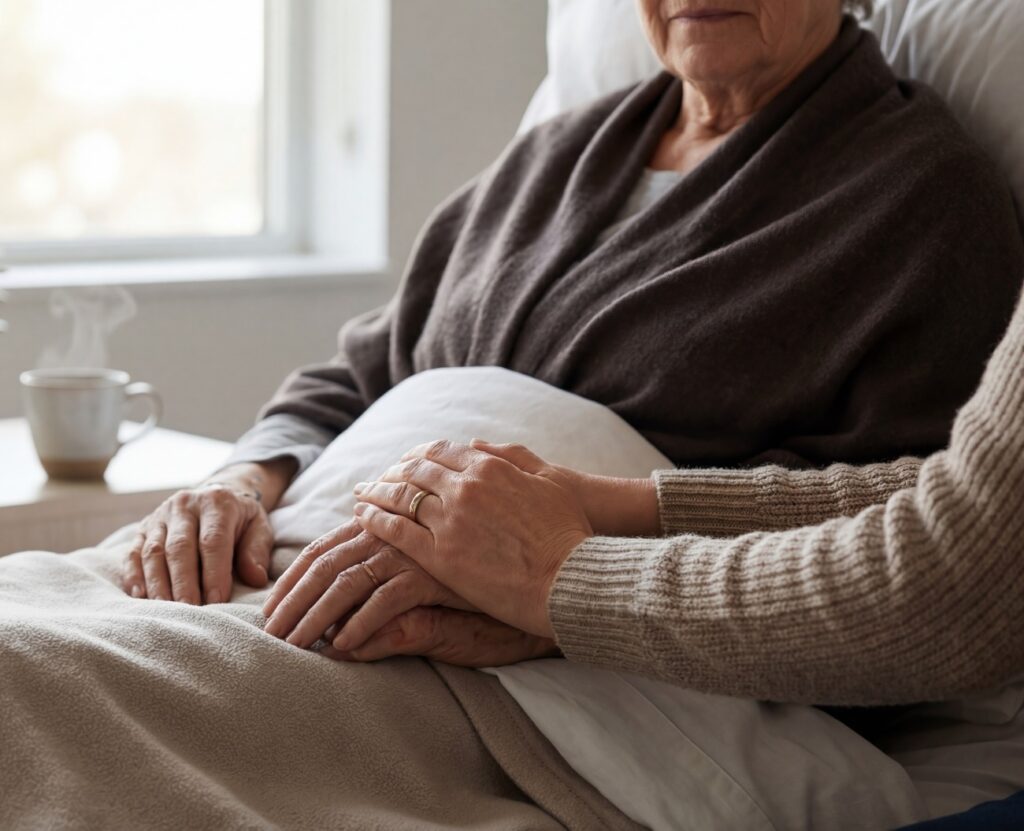 Eine Frau tröstet eine ältere Frau, die im Bett sitzt, indem sie ihr die Hand auf den Arm legt. Einfühlungsvermögen und Unterstützung im Gesundheitswesen oder in der häuslichen Pflege.